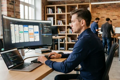 Développeur mobile roumain travaillant sur une application B2B sur mesure dans un bureau moderne à Bucarest