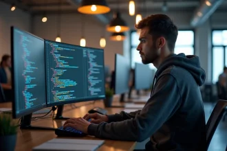 Développeur Python concentré écrivant du code avec des boucles et des variables booléennes sur un écran ultrawide dans un bureau moderne