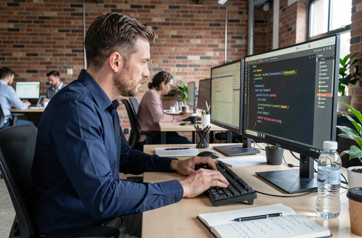 Développeur Python travaillant sur un dictionnaire Python dans un espace de coworking moderne avec code visible à l'écran