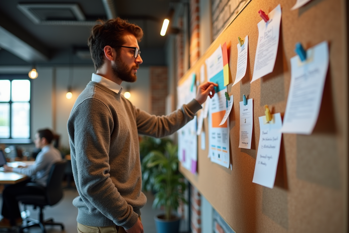 Jeune développeur web analysant des schémas sur un tableau dans un espace de coworking