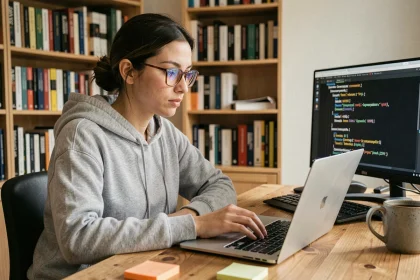 Développeuse Python concentrée sur son laptop dans un bureau à domicile avec du code affiché à l'écran