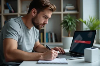 Homme documentant une erreur 20 FF Freebox sur son ordinateur portable dans un bureau à domicile