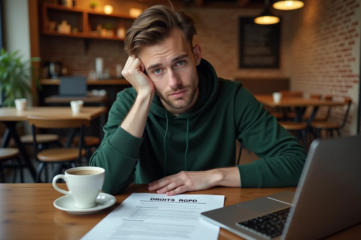Personne lisant un document sur les droits RGPD dans un café avec un ordinateur portable ouvert