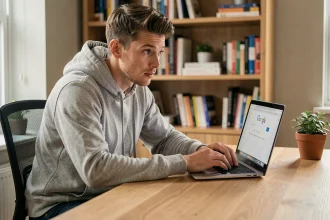 Jeune homme en hoodie gris tapant une recherche Google sur son ordinateur portable dans un bureau à domicile, illustrant la curiosité autour des easter eggs Do a Barrel Roll et Z or R twice