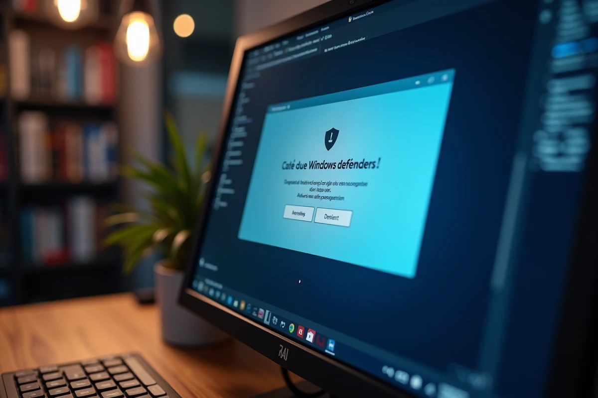 Écran d'ordinateur affichant une alerte Windows Defender bloquant WinRAR 64 bits avec options de déblocage