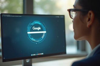 Vue rapprochee de l'écran d'ordinateur affichant Google avec roue de chargement
