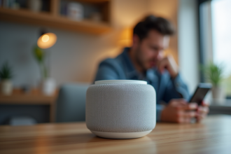 Gros plan d'une enceinte intelligente avec personne frustrée en arrière-plan