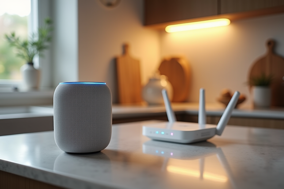 Enceinte connectée sur un plan de travail de cuisine avec routeur WiFi
