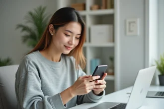 Jeune femme enregistrant une story Instagram en HD sur son smartphone depuis un bureau minimaliste à domicile
