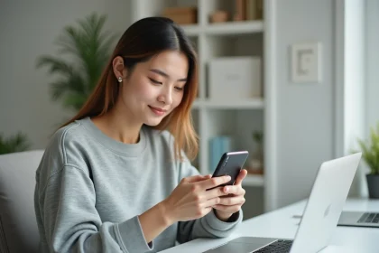 Jeune femme enregistrant une story Instagram en HD sur son smartphone depuis un bureau minimaliste à domicile
