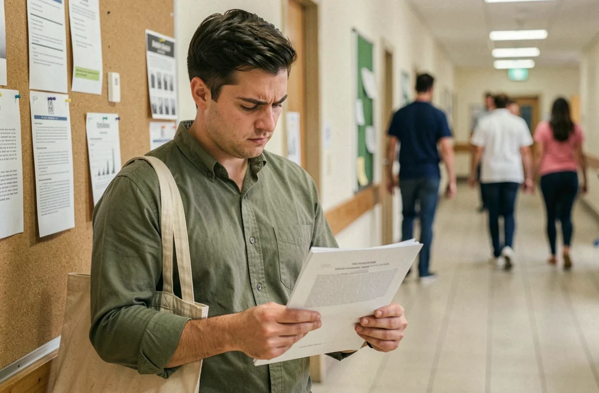 Enseignant contractuel lisant un document administratif de l'Éducation nationale dans un couloir d'établissement scolaire
