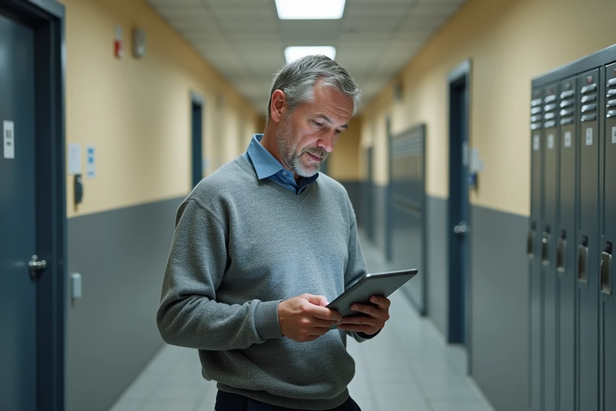 Enseignant consultant la messagerie académique DSDEN sur une tablette dans un couloir d'établissement scolaire