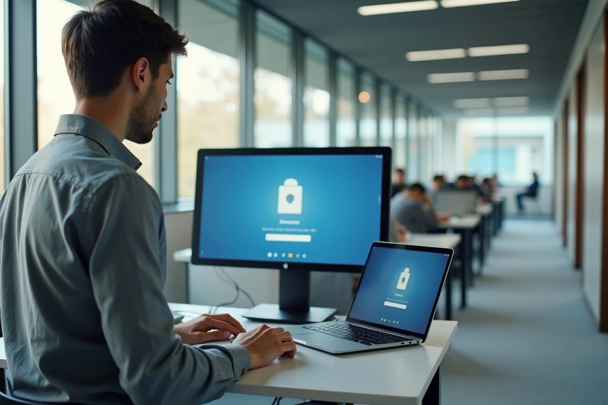 Enseignant consultant le webmail académique de Grenoble sur un double écran dans un espace administratif scolaire moderne
