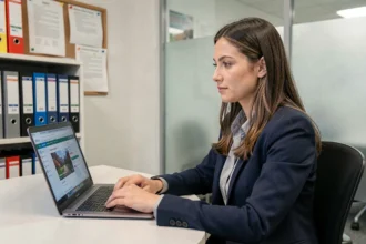 Enseignante contractuelle consultant le portail DSDEN 33 Convergence sur un ordinateur portable dans un bureau scolaire administratif