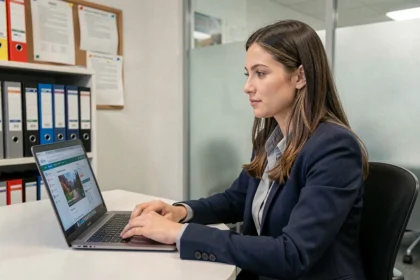 Enseignante contractuelle consultant le portail DSDEN 33 Convergence sur un ordinateur portable dans un bureau scolaire administratif