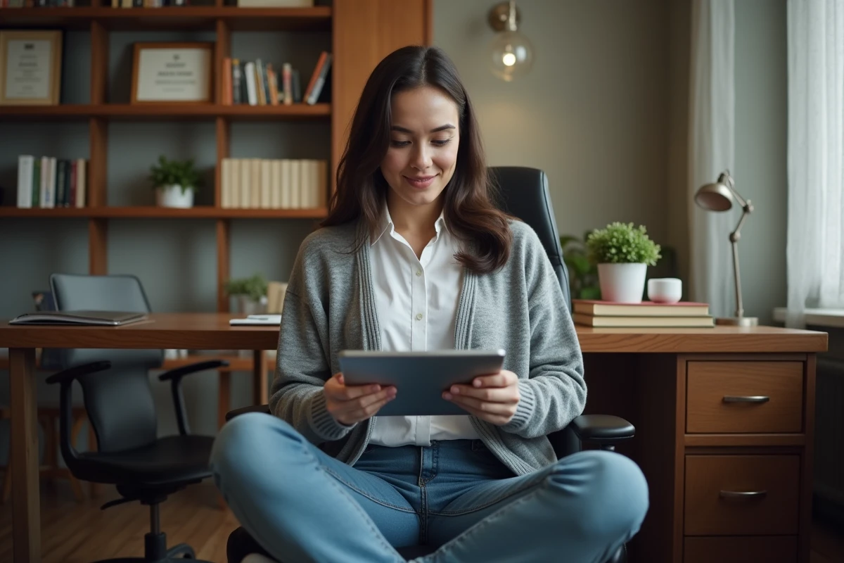 Enseignante consultant l'intranet académique d'Amiens sur une tablette depuis son bureau personnel
