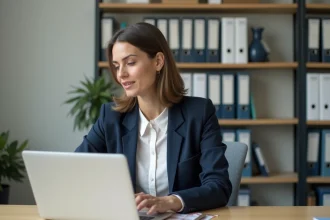 Enseignante consultant sa messagerie DSDEN sur un ordinateur portable dans un bureau administratif scolaire