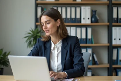 Enseignante consultant sa messagerie DSDEN sur un ordinateur portable dans un bureau administratif scolaire
