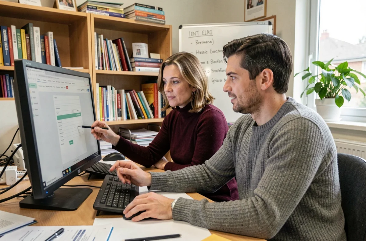 Deux enseignants contractuels collaborant devant un écran d'ordinateur pour accéder au portail Convergence DSDEN Gironde
