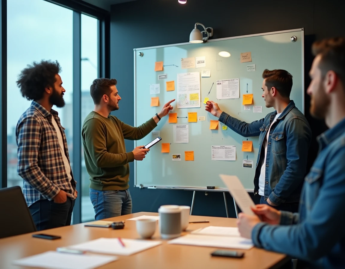 Équipe de game designers en session de brainstorming autour d'un tableau blanc avec des post-it et des schémas de conception de jeu vidéo