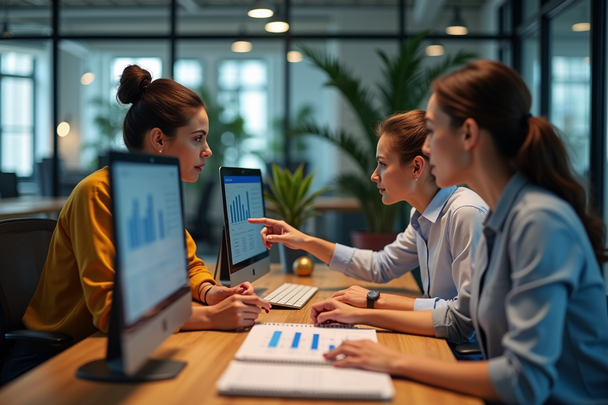 Groupe de professionnels marketing analysant des résultats d'A/B test