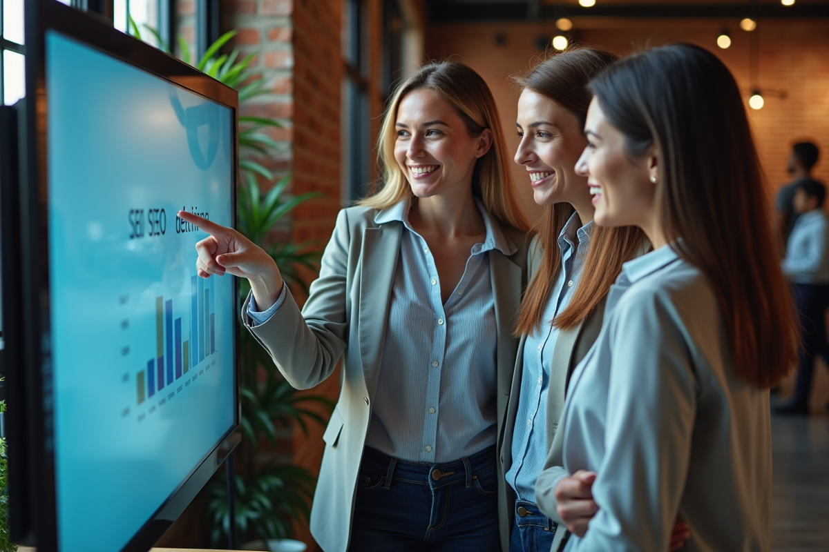 Groupe de trois personnes discutant devant ecran interactif