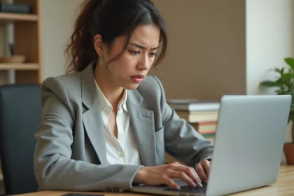 Femme au bureau face à une erreur de connexion sur un webmail depuis un ordinateur portable