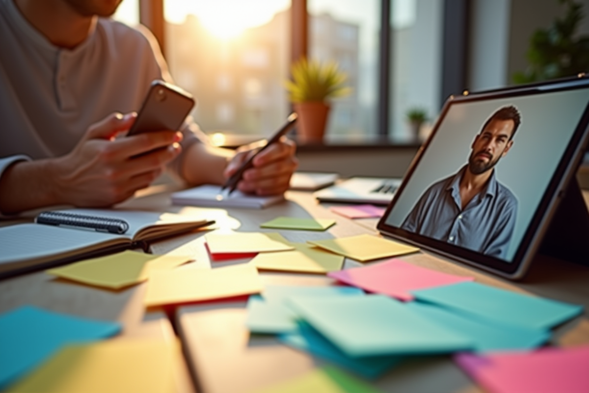 Espace de travail créatif avec notes et appel vidéo