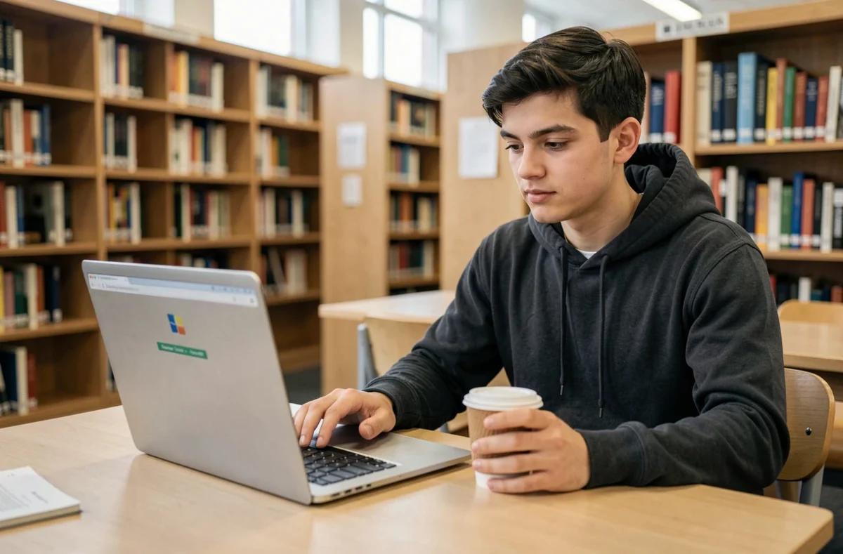 Étudiant universitaire accédant à son webmail depuis une bibliothèque avec un ordinateur portable