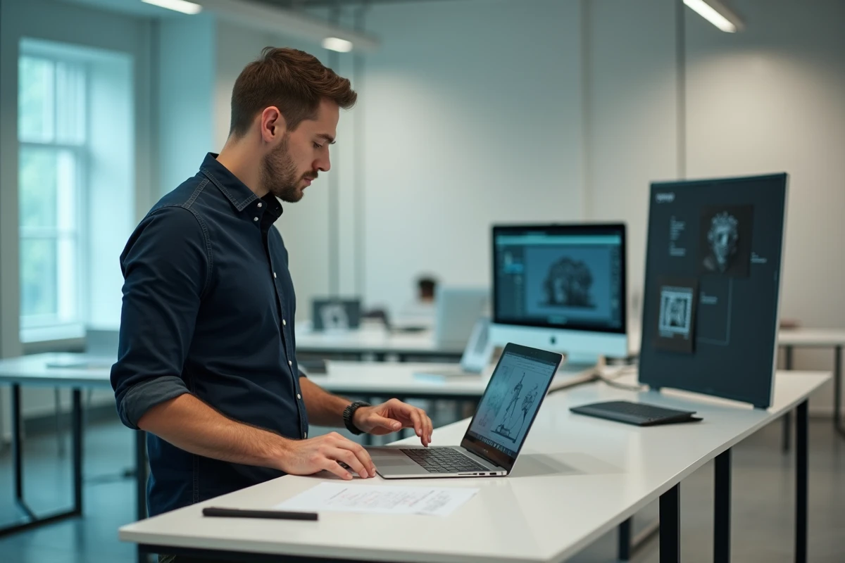 Étudiant en graphisme debout dans un studio universitaire moderne avec un MacBook Air et une tablette graphique