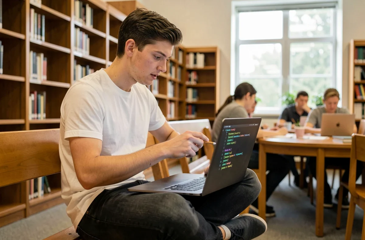 Étudiant en informatique analysant un dictionnaire Python sur son ordinateur portable dans une bibliothèque universitaire