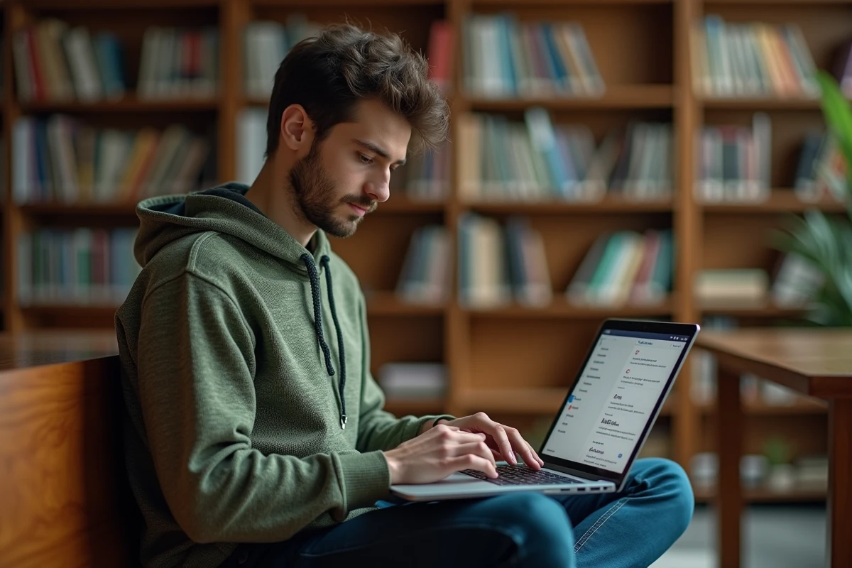 Étudiant utilisant Zimbra pour trier ses emails avec des étiquettes et filtres depuis une bibliothèque universitaire calme