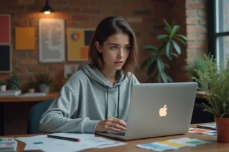 Étudiante en graphisme travaillant sur un MacBook Air dans un appartement étudiant décoré de références typographiques