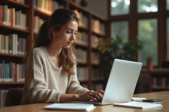 Étudiante utilisant le webmail Zimbra d'AgroParisTech sur un ordinateur portable dans une bibliothèque universitaire