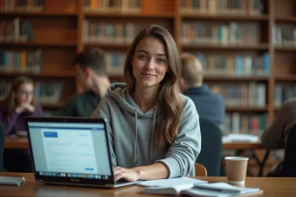 Étudiante comparant les interfaces de messagerie Zimbra et Gmail sur un ordinateur portable dans une bibliothèque universitaire