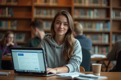 Étudiante comparant les interfaces de messagerie Zimbra et Gmail sur un ordinateur portable dans une bibliothèque universitaire