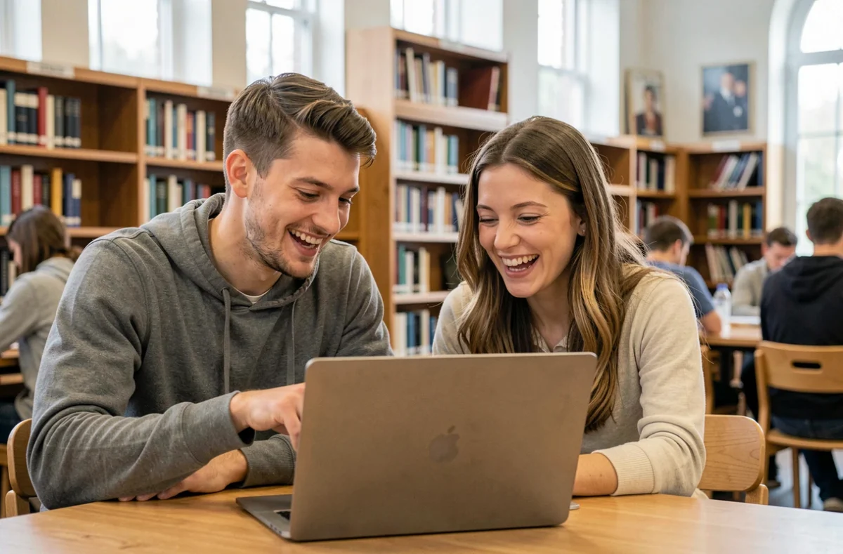 Deux étudiants amusés devant un ordinateur portable dans une bibliothèque universitaire, découvrant ensemble un easter egg Google comme Do a Barrel Roll