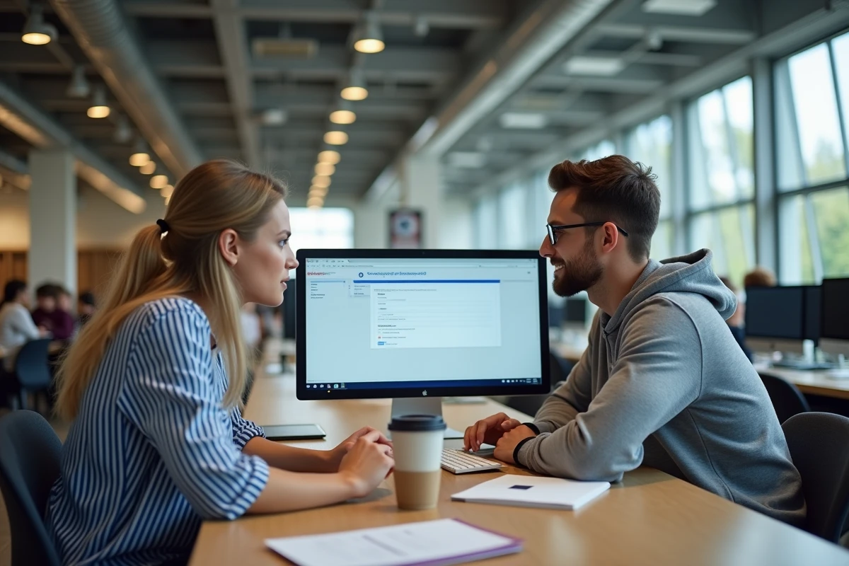 Deux étudiants configurant ensemble le compte mail Zimbra d'AgroParisTech avant la rentrée universitaire