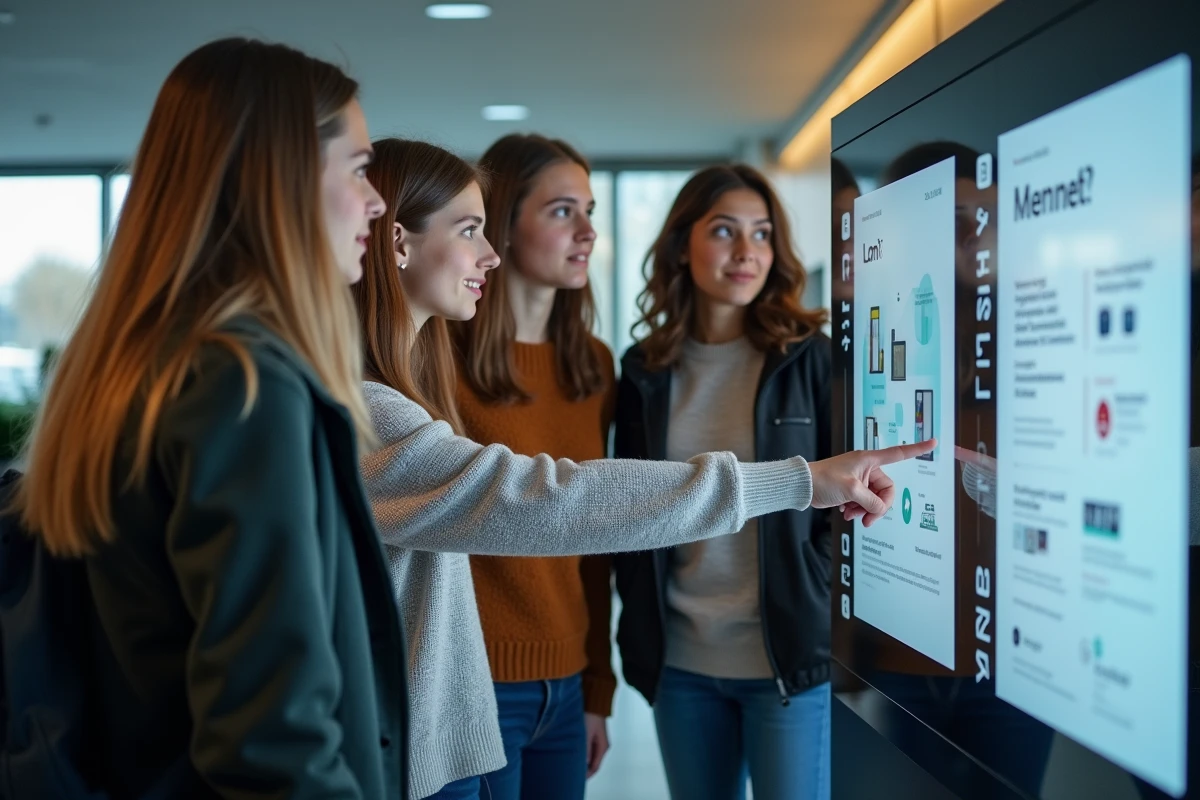 Groupe d'étudiants autour d'un kiosque interactif à Lyon 3