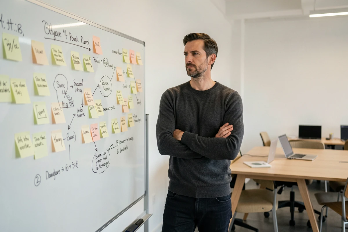 Entrepreneur évaluant des outils de marketing digital devant un tableau blanc avec des notes comparatives dans un bureau minimaliste