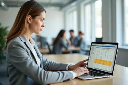 Femme pointant une feuille Excel avec des doublons surlignés en couleur sur un ordinateur portable au bureau