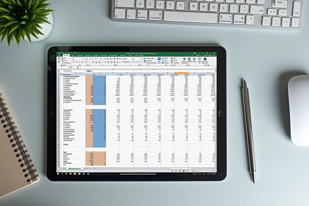 Vue de dessus d'une tablette affichant un tableau Excel avec des cellules en double surlignées en couleur sur un bureau minimaliste