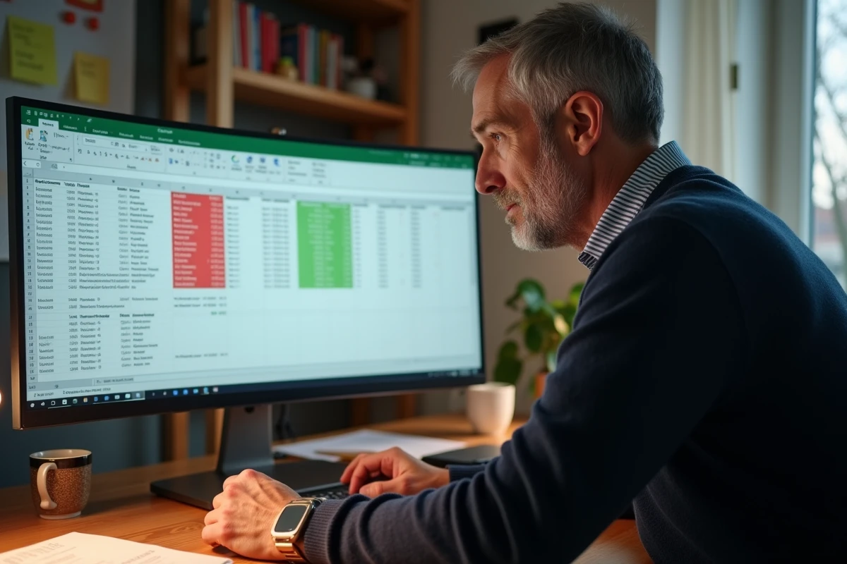 Homme analysant des doublons en couleur dans un tableau Excel sur un grand écran incurvé à domicile