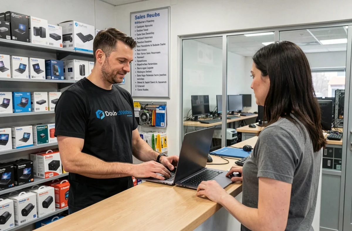 Technicien FCS Informatique présentant un ordinateur portable reconditionné à un client dans une boutique du Doubs