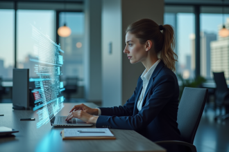 Femme d'affaires en costume analysant des graphiques marketing holographiques