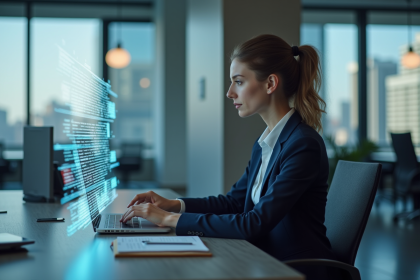 Femme d'affaires en costume analysant des graphiques marketing holographiques