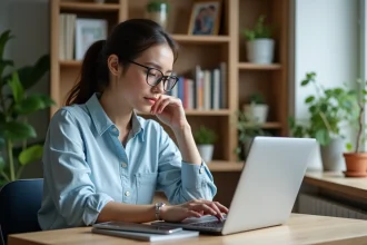 Femme détendue utilisant son ordinateur dans un bureau lumineux