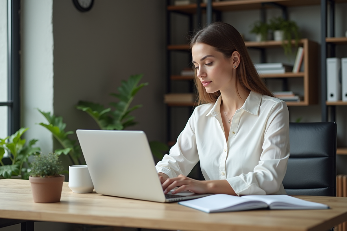 Femme concentrée travaillant sur un document Word avec macros
