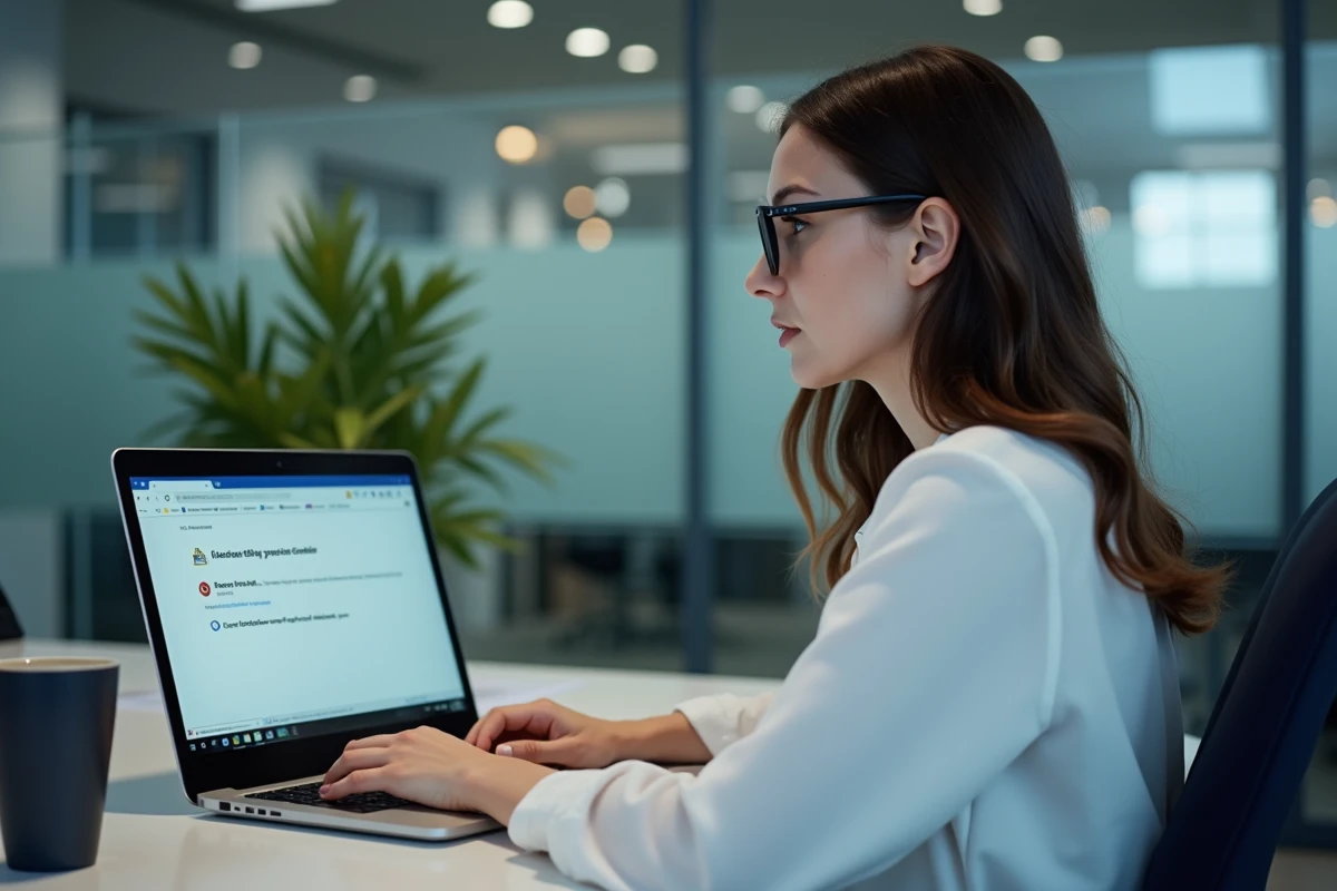 Femme en bureau moderne consultant un avertissement de sécurité Windows bloquant un logiciel de compression