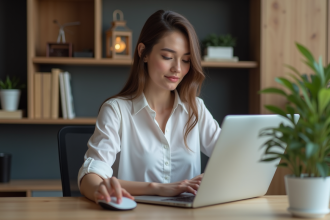 Femme au bureau moderne concentrée sur son ordinateur